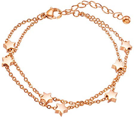Bracciale da donna in oro rosa con stelle, con ciondolo a forma di stella, con doppia catena, per donne e ragazze, braccialetto dell'amicizia