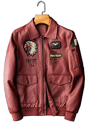 Bomber in Pelle Giacca Modello Indiano Ricamo Chiodo Uomo,Rosso,XL