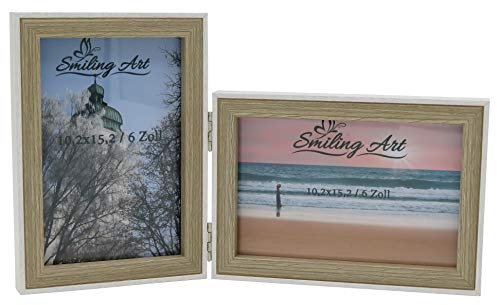 Smiling Art Marco de fotos doble de tablero de fibra de densidad media MDF con cristal, marco plegable, marco doble horizontal y vertical (blanco y beige, 2 x 10 x 15 cm)