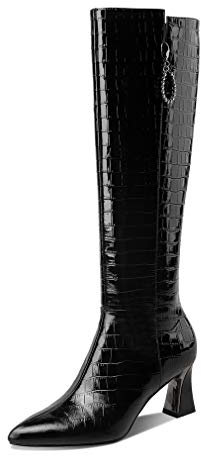 TinaCus Stivali da donna fatti a mano in vera pelle goffrata trasparente punta a punta tacco medio bobina zip laterale classico nero stivali alti al ginocchio, nero, 42 EU