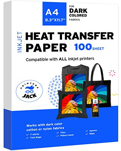 Printers Jack Iron-On Heat Transfer Paper for Dark Fabric 100 Pack 8.3x11.7 T-Shirt Transfer Paper for Inkjet Printer Wash Durable, Long Lasting Transfer, No Cracking