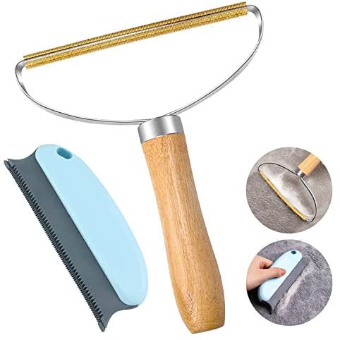 MOTONG Portable Lint Removers with ABS Comb Set, Double Carpet Scraper Manual Roller Wooden Handle Reusable Multifunctional Mini Lint Cleaner for Fuzz, Pet Hair