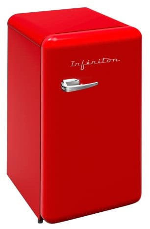 INFINITON FG-V158 - Frigorífico Vintage, Rojo, 90L, 1 puerta, Chilling Area, Cajón Crisper Box, 2 Bandejas cristal, 3 balcones, Funcionamiento silencioso 41dB