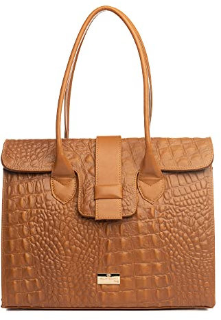 Zamponi Damen-Tasche aus echtem Leder, breite Schulter Elegante Hand-Tasche Frau Schickes, Shopping-Täschchen Schultertasche aus Leder, Fächer tote bag Tasche Oberer Stiel Braun, Krokodilprägung