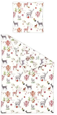 Bierbaum Mako Satin Bettwäsche 135x200cm 2 TLG. Hirsch REH Blume Ornamente Offwhite Rot Grau