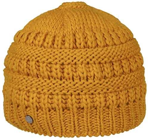 LIERYS Mütze mit Zopfloch Damen Strickmütze Beanie Schurwolle Alpakawolle Futter Baumwolle Herbst/Winter senf One Size