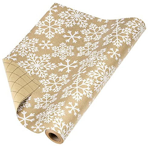 RUSPEPA Rouleau De Papier D'emballage De Noël Kraft - Motif flocon de neige blanc pour emballage cadeau de vacances - 44,5 cm x 10 m
