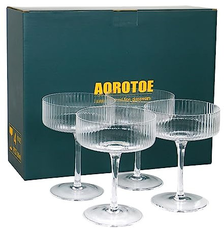 AOROTOE Coupé-Gläser, 4 Stück, Vintage-Glaswaren, Champagner, Martini, Cocktail, Kristall, Weingläser, geriffelt, geriffelt, Coupe, Geschenke, Einweihungsfeier, Hochzeit, Jahrestag, 284 ml