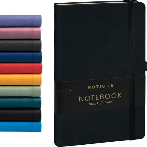 NOTIQUE Notizbuch Liniert, Hardcover Notizbuch, Notizheft, Journal, Tagebuch mit Gummiband und Stifthalter 13x21cm, 192 Seiten (Schwarz, Liniert)