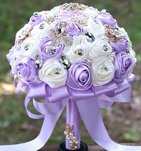 Sharebeauty 22,1 cm handgefertigter Rosenstrauß aus Satin, rund, für Hochzeitsstrauß, Überwurf, künstlicher Blumenstrauß, elfenbeinfarben + hellviolett