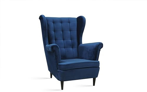 Kaiser Möbel Lounge Sessel Rest - Klassische Ohrensessel mit Armlehnen, Retro Stuhl aus Stoff mit Holz Füßen, Polsterstuhl für Esszimmer & Wohnzimmer, Stoff Velour Marineblau