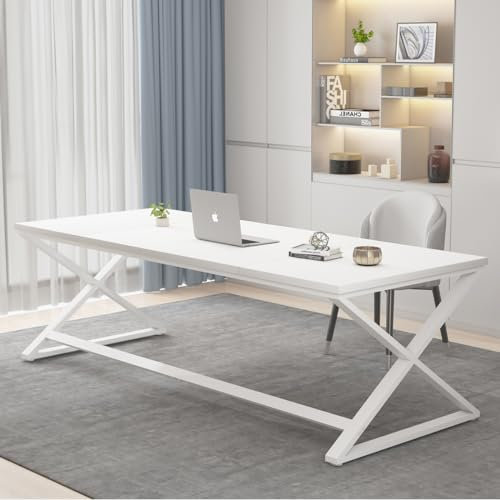 IBF White Long Computer Desk, 70 Inch Large Home Office Desk for Writing Work, Modern Simple Study Desk for 2 Person in Bedroom, Wood Metal Pc Gaming Executive Workstation Computer Table, White Oak