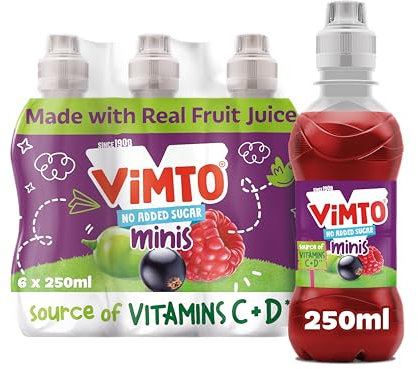 Vimto Original Real Fruit Juice Kids Drink | Grape, Blackcurrant & Raspberry | 250ml x 6 Pack Resealable Bottles | No Added Sugar – Vegetarian | Ideal for Kids Lunchbox