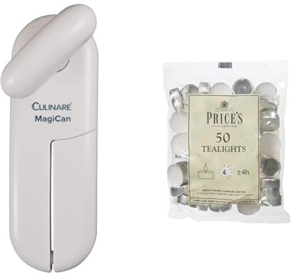 Culinare C10015 MagiCan Tin Opener, White, Plastic/Stainless Steel, Manual Can Opener & Prices Patent Candles White Tealights Bag, Pack of 50, Wax, l x 3.8cm w x 1.8cm h, Unscented