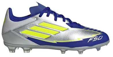 adidas Unisex Kinder F50 League Football Boots Firm Ground, Silver Metallic/Solar Yellow/Lucid Blue, 29 EU