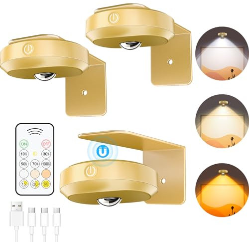 WILLED Luce per Quadro Quadri Faretto Quadri Parete Interno Lampada fotografica Ricaricabile Batteria Telecomando Notturna Magnetica Armadio 3 Temperature Di Colore(3 Pezzi, Oro)