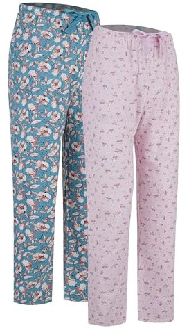 GLOBAL Bas de Pyjama Femme 100% Flanelle de Coton avec Poches et Cordon de Serrage Lot de 2 Vert Rose Fleurs & Roses Fleurs L