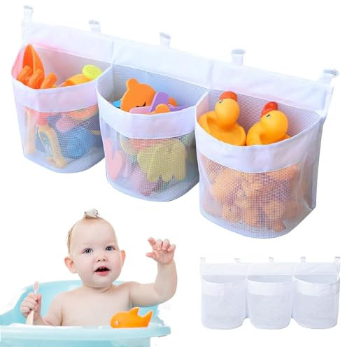 Bolsa de Juguetes de Baño, 3 Organizador de Juguete de Baño, Soporte para Juguetes bañera con 5 Gancho Fuerte, Red de Juguetes para Colgar de Ducha, Red de Almacenamiento para la Bañera (Blanco)