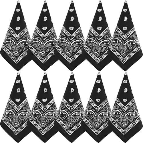 NACHLYNN 10 Stück Paisley-Bandanas, verschiedene Bandanas, Cowboy-Stirnbänder aus Polyester, quadratischer Schal, Kopfbedeckung (10, Schwarz)