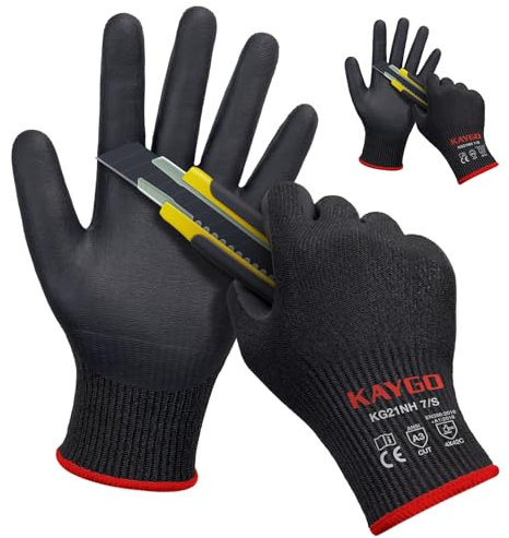 KAYGO 2 Paar Arbeitshandschuhe Schnittfest Level 5, KG21N, Nitril Beschichtet Rutschfester Griff, Maschine Waschbar, EN388 4X42C Schnittschutz Handschuhe für Schneiden, Lager, Bau (Schwarz, S, Gr 7)