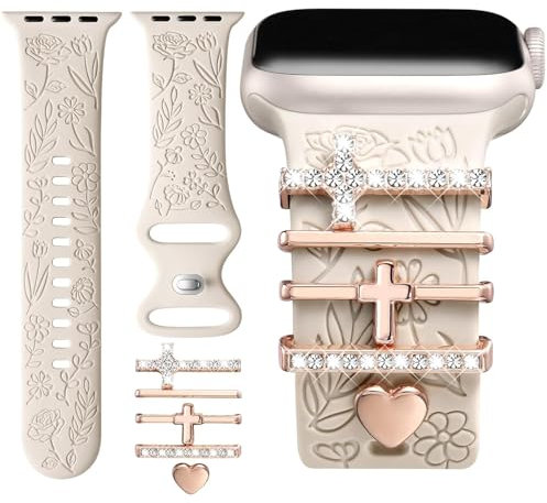 Designer Flower Engraved Strap with Charming Decoration Compatible with Apple Watch Straps Women 38mm 40mm 41mm 42mmm 44mm 45mm 46mm, Strap with Decoration for iWatch Series 10 9 8 7 6 5 4 3 2 1 SE