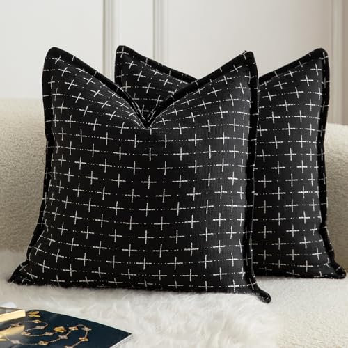 Mandioo 2er Set Kissenbezug Hanftuch Weben Textur Modern Bauernhaus Kissenbezüge Kissenhülle Dekorieren Zierkissenbezug Sie Wohnzimmer Sofa Schlafzimmer Bett 65x65cm Schwarz