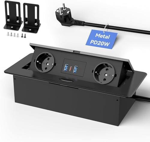 Versenkbare Tischsteckdose USB C PD20W, Einbau Steckdosenleiste mit 2 USB A, Aluminium Versenkbare Steckdose Küche,2500W/10A, 1,8M Kabel,Schwarz