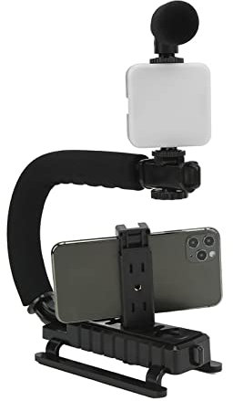 Handheld U Grip Phone Camera Stabilizer Camera Stabilizer with Microphone LED Fill Light Hot Shoe Mount for Camera Phone