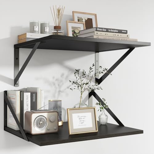 Feihorrm Wandregal, Tief 30 cm, Länge 40 cm Holzregal, Regal Wand 2er Set mit Metall Halterung, Wandboard, Schweberegal für Wohnzimmer, Badezimmer, Küche, Schwarz, 40 x 30 cm