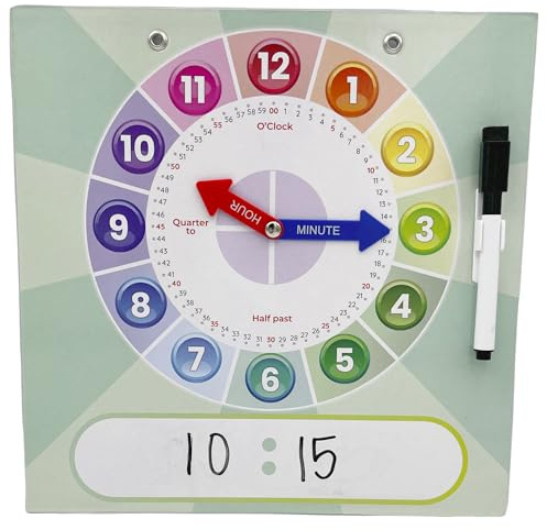 Urban Supply Co Kids Teaching Clock with Moveable Arms, Dry Erase Surface, Magnetic Hanging Strips, Educational Learning Tool for Time-Telling Skills. Perfect for Classrooms and Homes