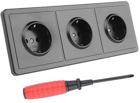 Enchufe de Pared Triple Negro con 1 Destornillador Enchufe de Pared Empotrable 220-250V/16Amp Toma de Corriente Empotrada Contacto de Protección Enchufe con Marco - 3 Compartimento (226×82mm)