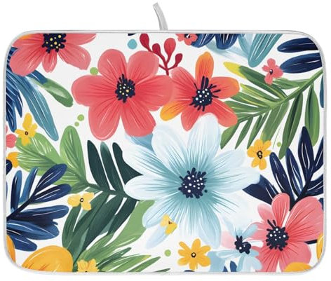 OWFKAY Tapete de secado de platos para encimera de cocina, diseño de azulejos de color blanco con flores, 1,45 x 60 cm, tapete escurridor de platos de secado rápido, tapete de secado automático