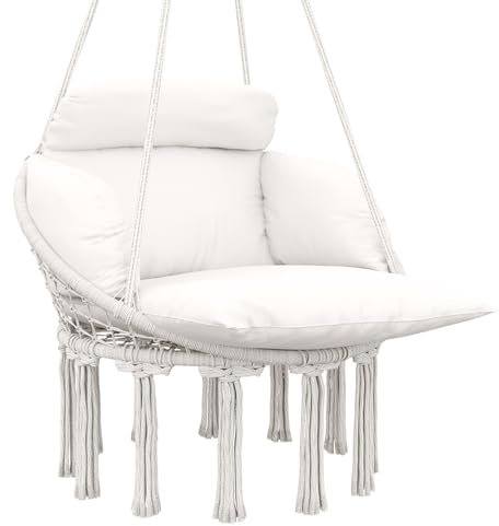Outsunny Hanging Chair Outdoor Hammock Chair with Soft Cushion, Cotton Rope Boho Style Swing Chair, Hanging Garden Swing Seat for Indoor Outdoor, Cream White
