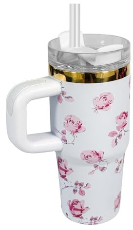14oz Tumbler mit Griff und Stroh, Thermobecher mit Strohhalm Kid Tumbler mit Deckel und Stroh, 304 Edelstahl Kind Tumbler, Schule Sport im Freien (Weiße Blume)