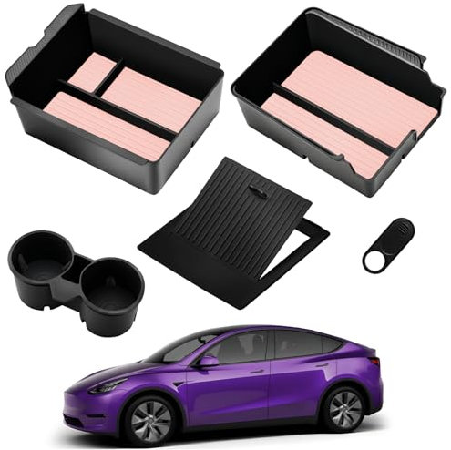TSLDRV Plateau de rangement pour console centrale 2025 pour accessoires Tesla Model Y 2024-2020/pour Tesla Model 3 2023-2021 [Slide Smoothly/brevet américain] Porte-gobelet rose