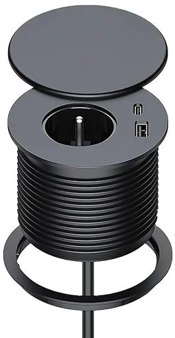 Prise Encastrable Multiprise, Bloc Prise Encastrable,Plan de Travail, Prise Bureau pour la Cuisine Bureau,Les Meubles avec 1 Prise, 1 Port USB C, 1 Port USB A, 80 mm de Diamètre, 1,5M de Câble