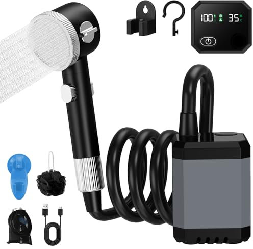 Ducha Portatil Camping, 6000mAh Ducha de Camping con Batería Recargable, Ducha Portatil Furgoneta Camper, con Pantalla LED Inteligente 3 Modos de Ducha Resistente al Agua IPX7, Al Aire Libre,Automóvil