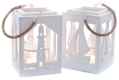 Laterne Windlicht Maritim (2er Set) Weiss aus Holz H:22 cm mit Kerzenglas & Jutehenkel - Kerzenleuchte, Teelichthalter, Garten, Maritime Deko
