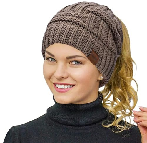 Rosoz Womens Ponytail Beanie Winter Beanie Hat Ponytail Hatfor Women Tail Stretch Cable Knit Cap Messy High Bun Hat, 1pack-khaki1, 7 1/8-7 7/8