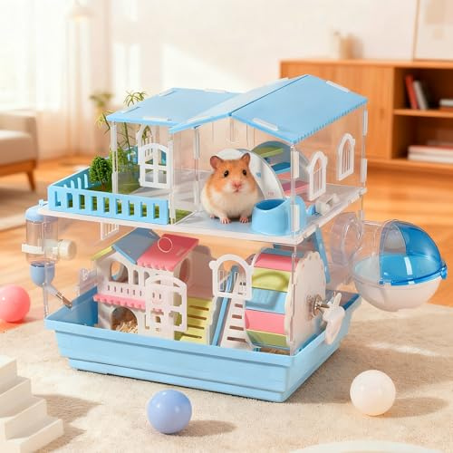 Zweistöckiger Hamsterkäfig aus Acryl, 35 x 26 x 36 cm Hamsterhaus, Hamstervilla mit Magnetverschluss, mit Trinkflasche, Fressnapf, Laufrad, Badewanne und bunter Brücke, herausnehmbarer Boden, blau