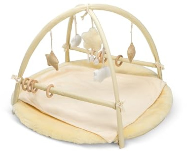 Fellhof Spielbogen Baby & Tuch Blaubaer | Spieldecke Baby mit Bogen waschbar mit abnehmbaren Anhängern | Spielebogen Babies ab 6 Monate | Krabbelmatte Baby mit herausnehmbaren Schaumstoffkissen