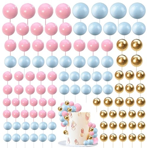 Décoration de gâteau Boules, 108 Pièces Décoration de Gâteau Boule, DIY Mini Ballon Cupcake Insertion Décoration de Gâteau Boule pour Mariage Anniversaire Décoration de Gâteau (Rose, Bleu, Doré)