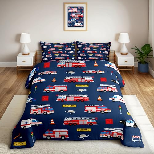 Homewish Cartoon Feuerwehrwagen Bettwäsche Feuerwehrauto Krankenwagen Polizeiauto Deckenbezug 155x220 Jungen Kinder Teenager Feuerwehrmann Bettbezug Thema Feuerwehr Brandschutz Bettset 2 Teilig