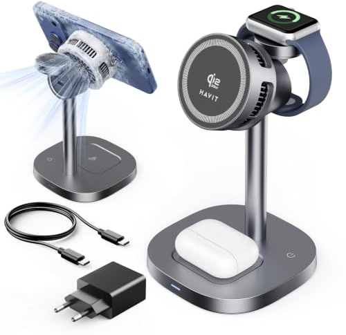 Qi2.2 25W MagSafe 3-in-1 Ladestation mit Kühlung für Apple Watch und iPhone | Wireless Charger für iPhone 17/16/15, Samsung S26/S25/S24, Watch, AirPods, aktive Kühlung, inkl. 45W Netzteil