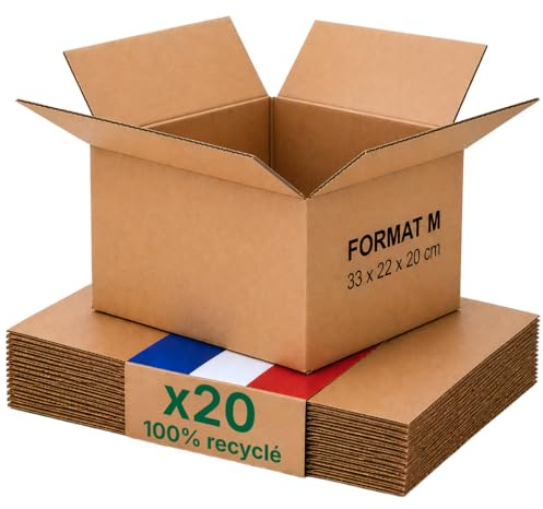 Lot de 20 Caisses Carton Emballage Colis M - 31 x 22 x 20 cm | Résistant - Format A4 - 100% recyclé - Fabriqué en France - Idéals pour Expédition, Livres, Vêtements & Accessoires