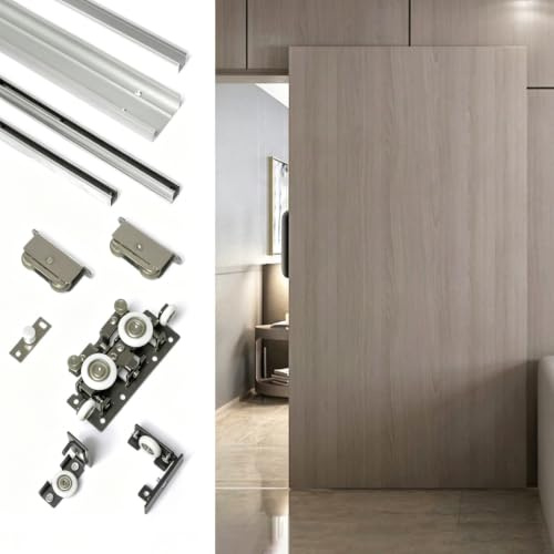 SRNSAEB Kit Herraje Puerta Corredera Guía Invisible De Alta Resistencia para Puertas Correderas (80-180 Cm) – Kit para Puertas Tipo Granero (Interior/Exterior) con Riel De Aluminio Y Mecanismo