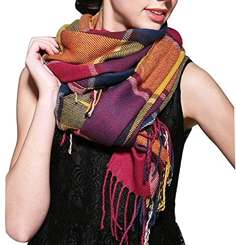 ECOMBOS Damen Schal Winter - Kariert Quadratisch Deckenschal Herbstschal Winterschal Karo Tartan Streifen Plaid Muster XXL Schal Oversized Fransen Poncho