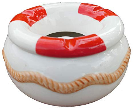 Land-Haus-Shop Wind Aschenbecher XL Sturmaschenbecher, Windascher mit Aufsatz Deckel Windaschenbecher Keramik (Rettungsring rot 11,7 x 6,0 cm)