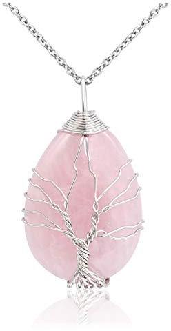 Jovivi Bijoux Pendentif Collier Quartz Rose Perles Pierre Naturelle Retro DIY Arbre de la Vie en Cuivre Argente Fil Forme Goutte d'eau Pierre Precieuse d'Energie avec Chaîne