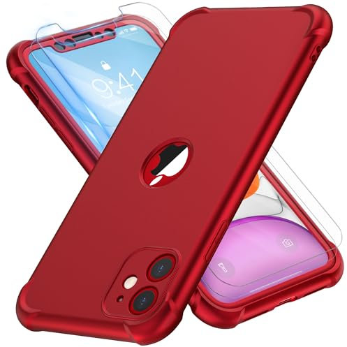 ORETECH for iPhone 11 Case, with [ 2 x Tempered Glass Screen Protector] 360 Shockproof Heavy Duty Protection Ultra Thin Hard PC Silicone TPU Rubber Bumper Cover for iPhone 11(2019) - Red